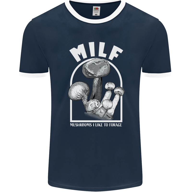 MILF Mushrooms I Like to Forage Mens Ringer T-Shirt FotL Navy Blue/White