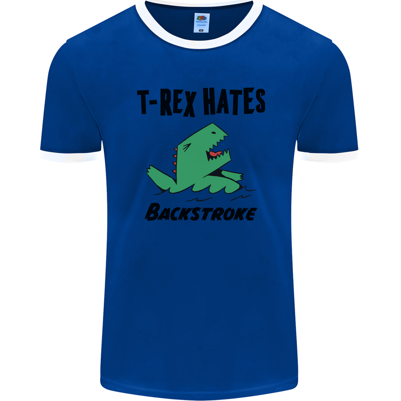 T-Rex Hates Backstroke Funny Swimming Swim Mens Ringer T-Shirt FotL Royal Blue/White