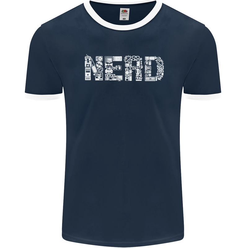 Nerd Word Art Geek Mens Ringer T-Shirt FotL Navy Blue/White