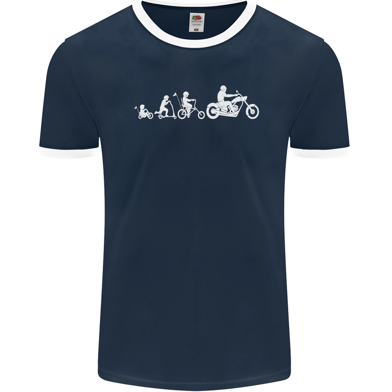 Evolution Motorcycle Motorbike Biker Mens Ringer T-Shirt FotL Navy Blue/White