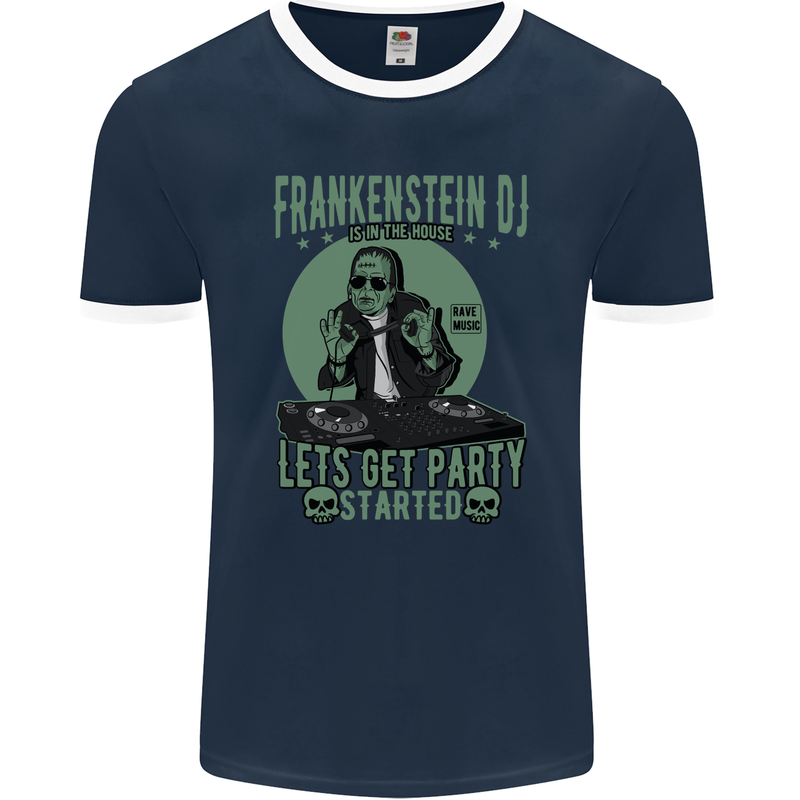 DJ Frankenstein Funny Music Vinyl Halloween Mens Ringer T-Shirt FotL Navy Blue/White