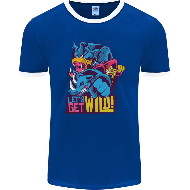 Lets Get Wild Rhino Gorilla Elephant Hippo Mens Ringer T-Shirt FotL Royal Blue/White