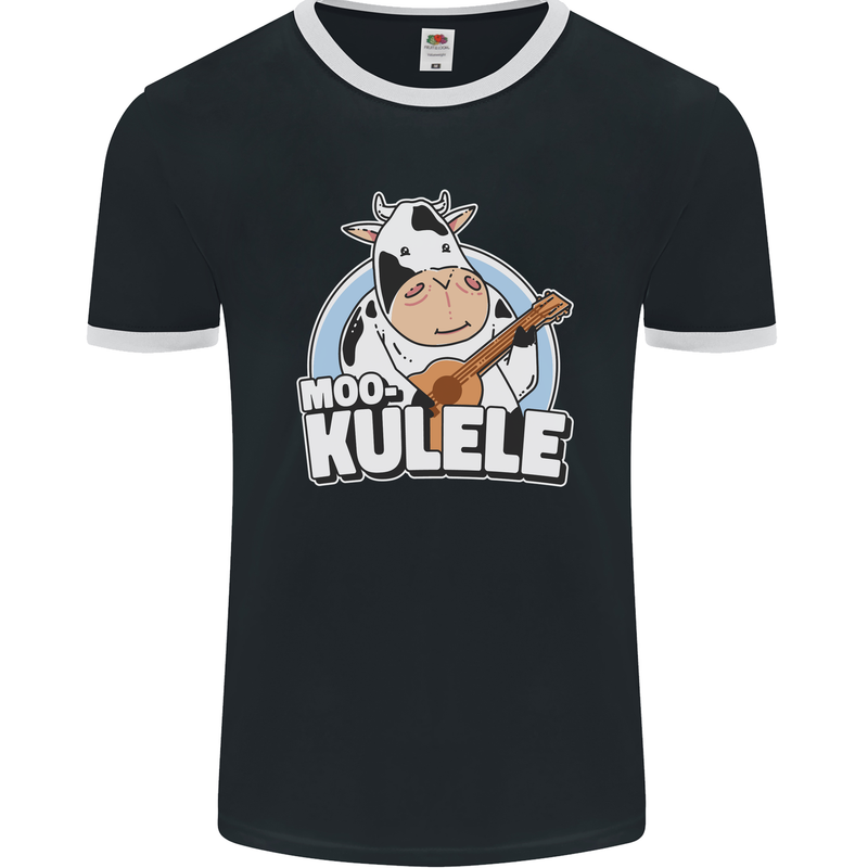 Mookulele Funny Cow Playing Ukulele Guitar Mens Ringer T-Shirt FotL Black/White