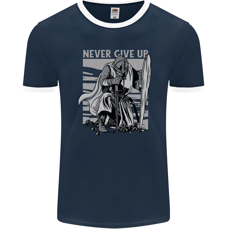 Teutonic Knight Never Give Up Crusader Gym Mens Ringer T-Shirt FotL Navy Blue/White