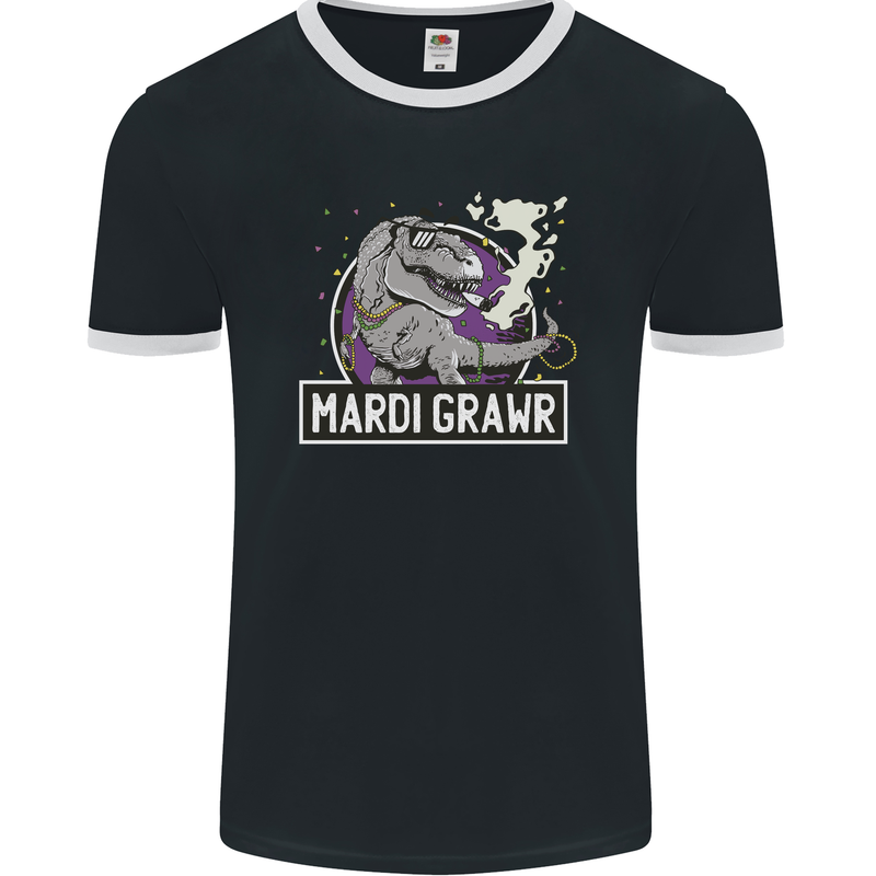 Funny T-Rex Mardi Gras Grawr Dinosaur Mens Ringer T-Shirt FotL Black/White