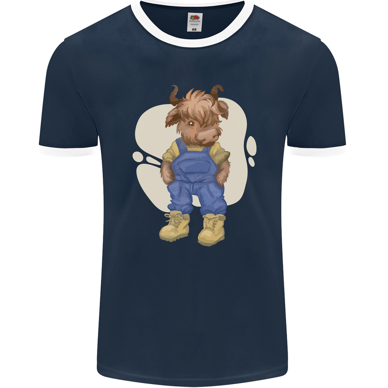 An Infant Highland Cow Cattle Bull Mens Ringer T-Shirt FotL Navy Blue/White