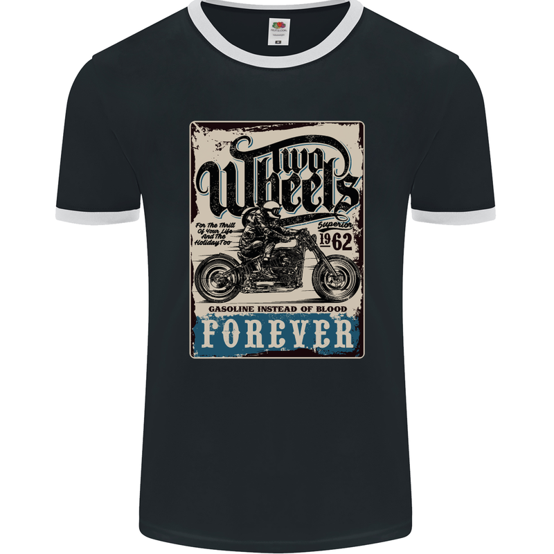 Two Wheels Biker Motorcycle Motorbike Mens Ringer T-Shirt FotL Black/White