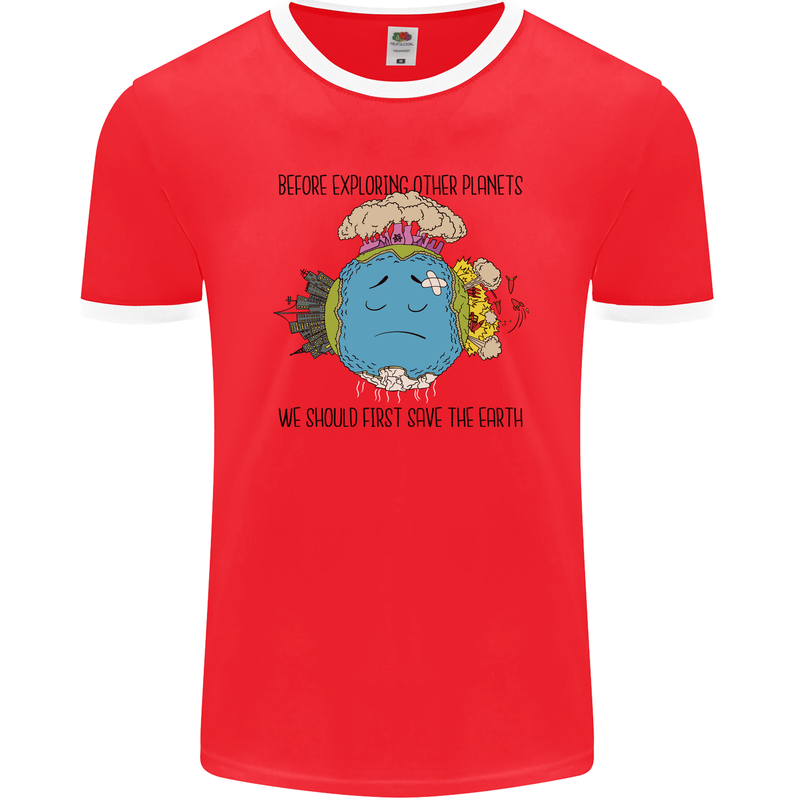 Save the Earth Climate Change Environment Mens Ringer T-Shirt FotL Red/White