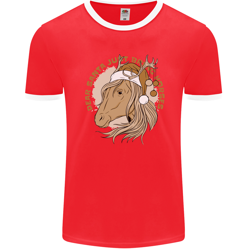 Funny Christmas Horse Equestrian Santa Mens Ringer T-Shirt FotL Red/White