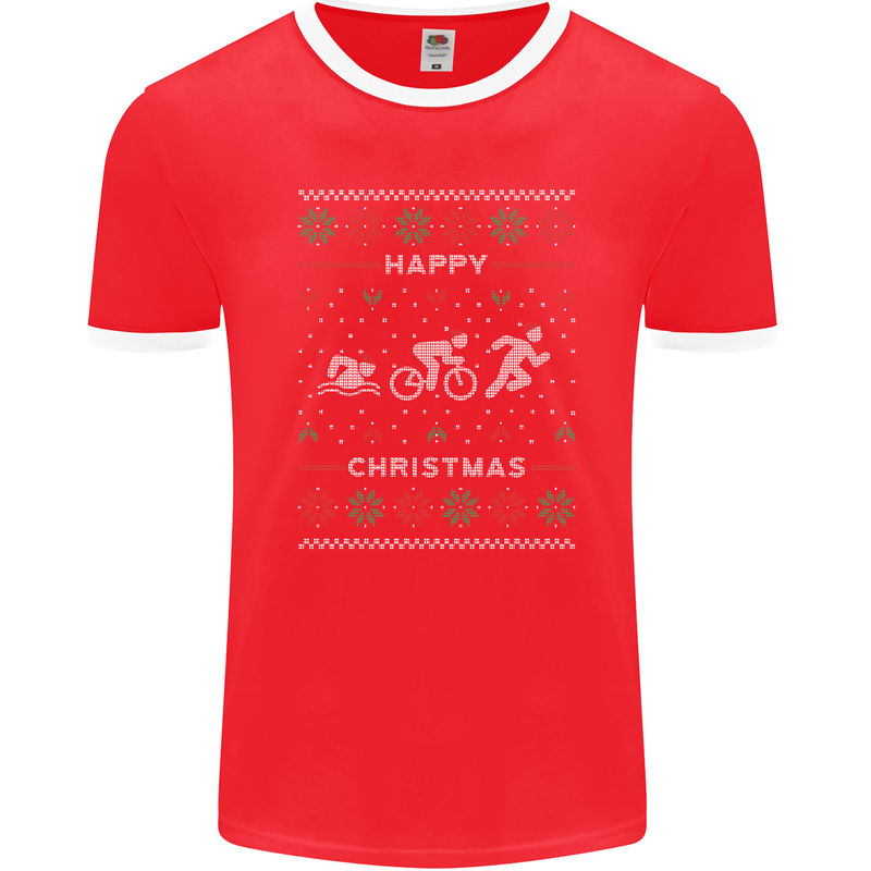 Christmas Triathlon Funny Fitness Gym Mens Ringer T-Shirt FotL Red/White