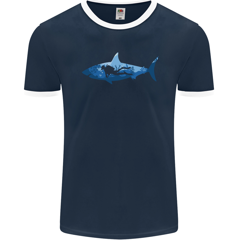 Great White Shark Scuba Diver Diving Mens Ringer T-Shirt FotL Navy Blue/White