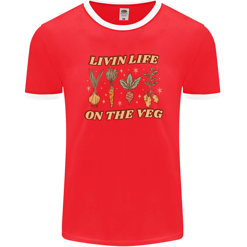 Vegan Living Life on the Veg Vegetarian Mens Ringer T-Shirt FotL Red/White