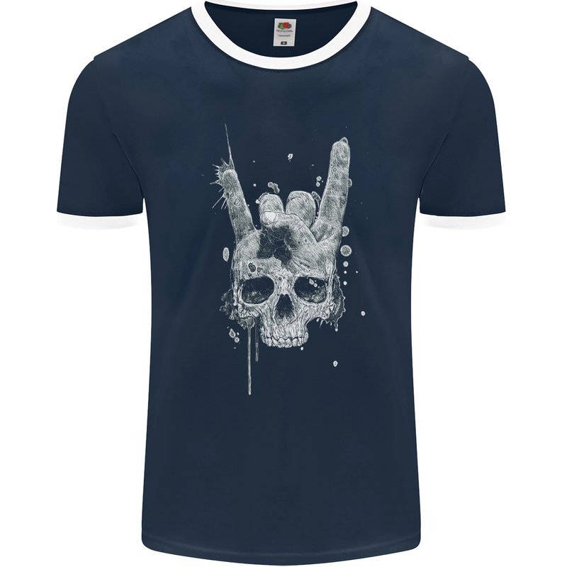 Rock n Roll Music Salute Skull Biker Gothic Mens Ringer T-Shirt FotL Navy Blue/White