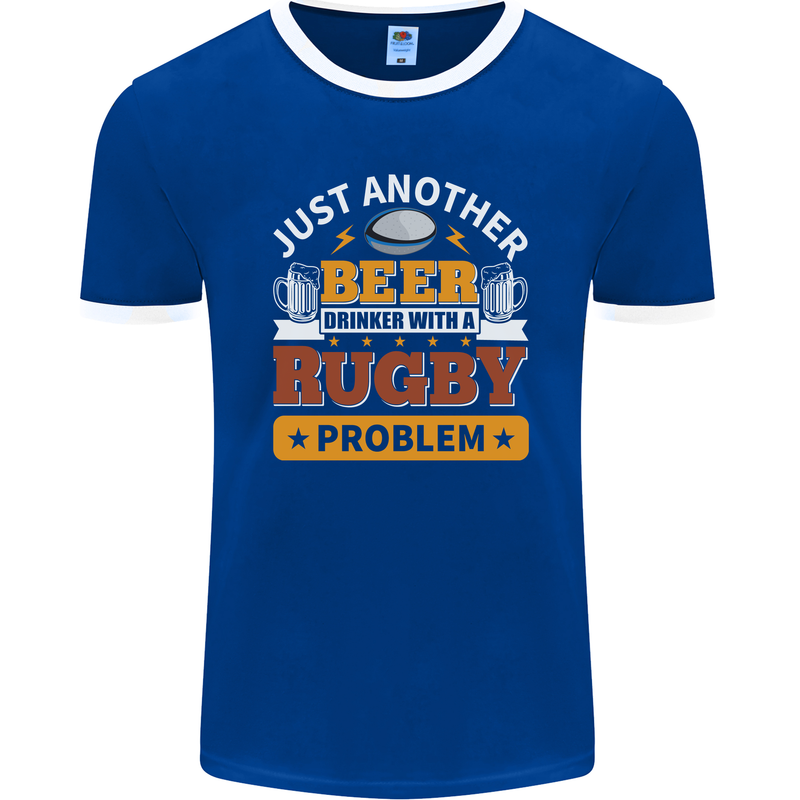 Beer Drinker With Rugby Problem Mens Ringer T-Shirt FotL Royal Blue/White