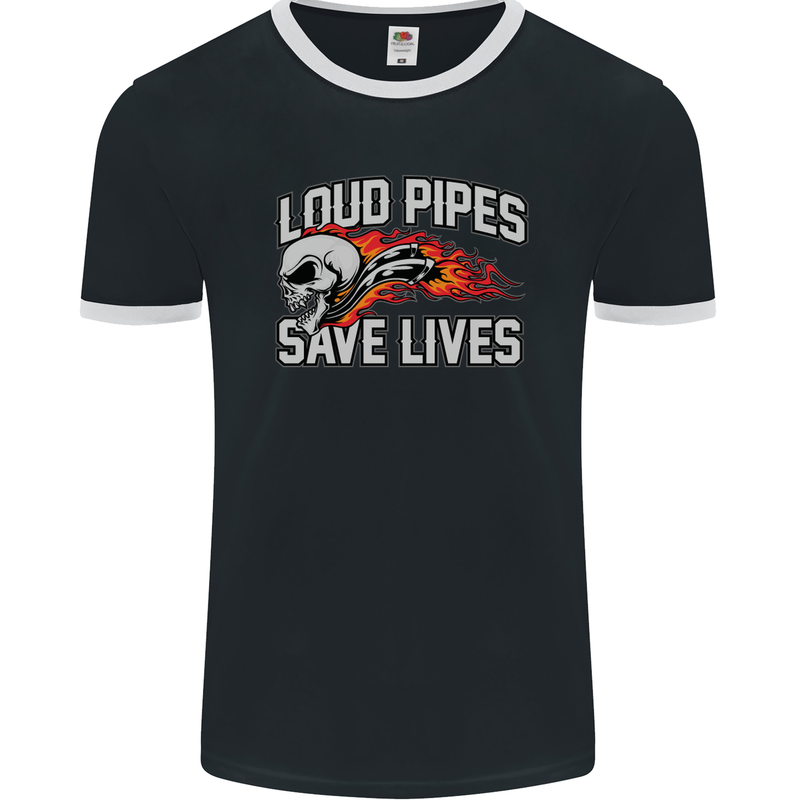 Biker Loud Pipes Saves Lives Motorcycle Mens Ringer T-Shirt FotL Black/White