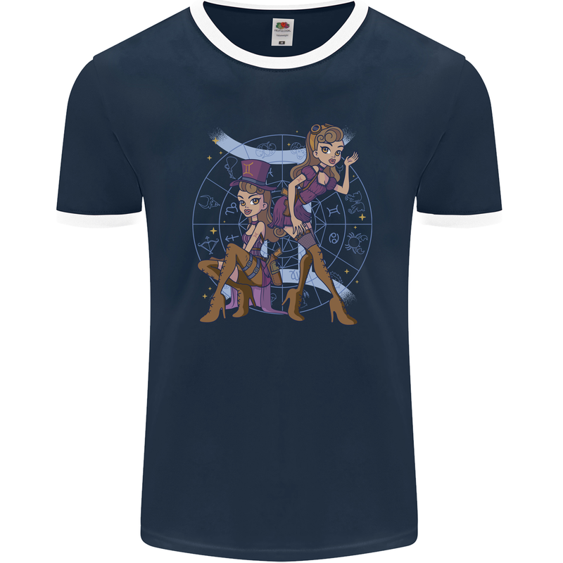 Gemini Star Sign Zodiac Astrological Mens Ringer T-Shirt FotL Navy Blue/White