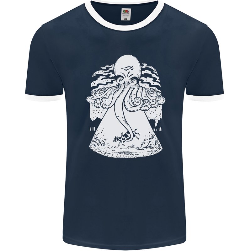 Alien Octopus Kraken Cthulhu Cow UFO Mens Ringer T-Shirt FotL Navy Blue/White