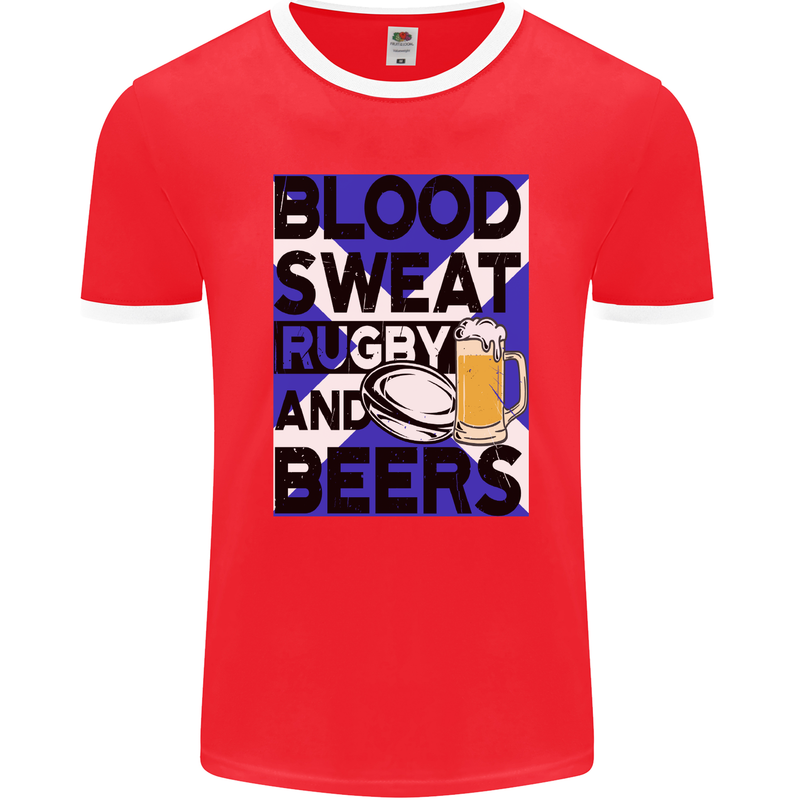 Blood Sweat Rugby and Beers Scotland Funny Mens Ringer T-Shirt FotL Red/White