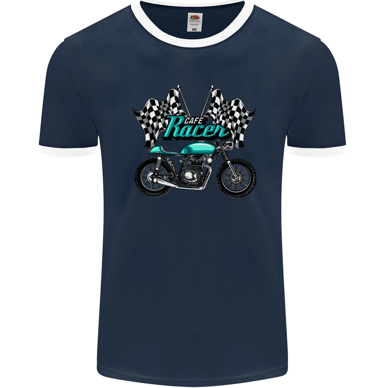 Cafe Racer Biker Motorcycle Motorbike Mens Ringer T-Shirt FotL Navy Blue/White