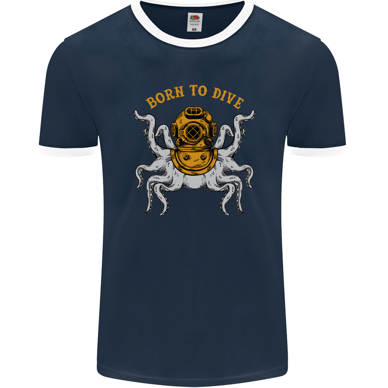 Born to Dive Octopus Scuba Diving Diver Mens Ringer T-Shirt FotL Navy Blue/White