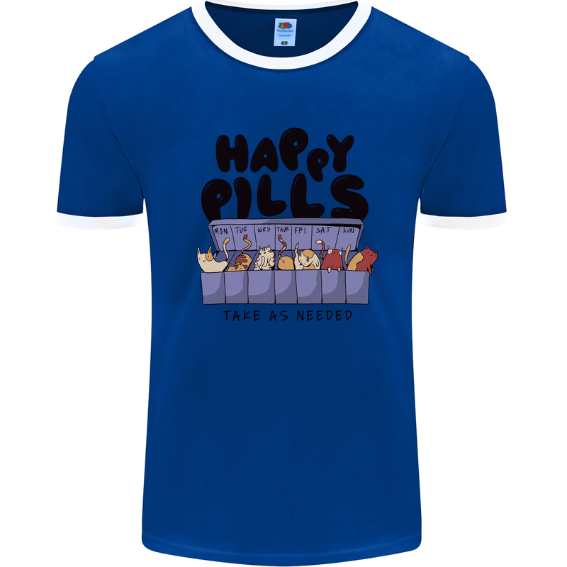 Cats Happy Pills Funny Feline Mens Ringer T-Shirt Royal Blue/White