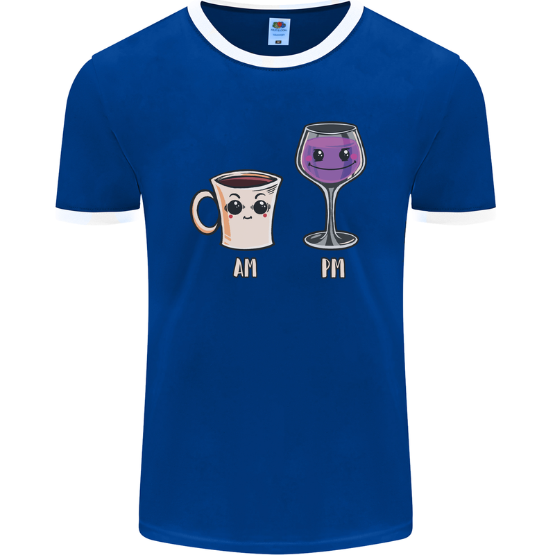 Coffee am Wine pm Funny Alcohol Prosecco Mens Ringer T-Shirt FotL Royal Blue/White