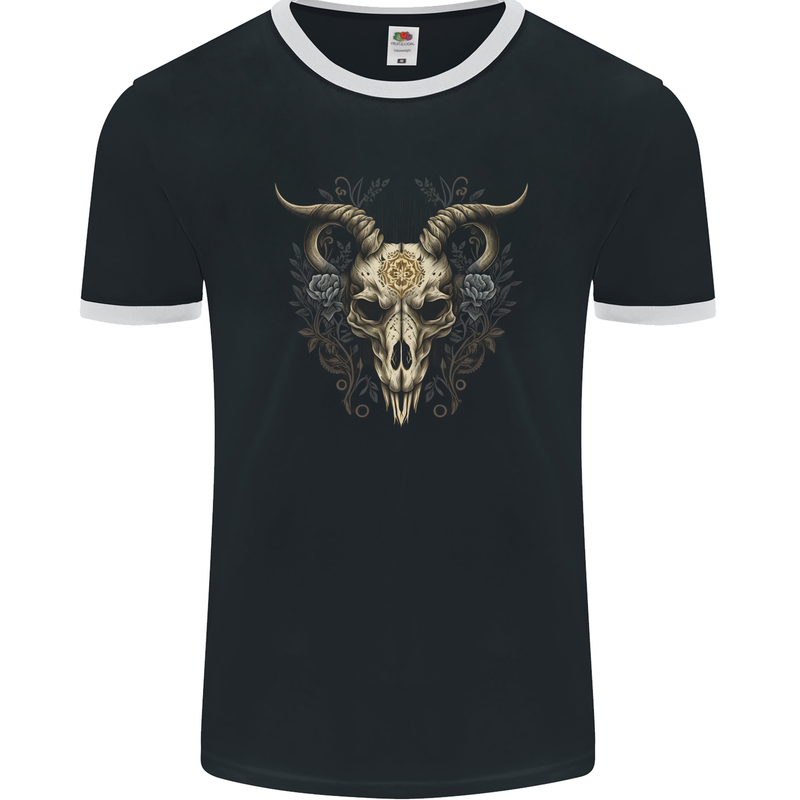 A Ram Skull Gothic Goth Heavy Metal Rock Mens Ringer T-Shirt FotL Black/White