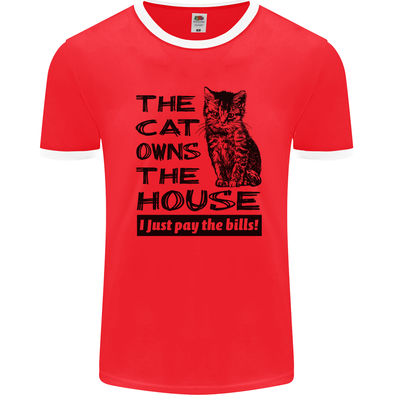 The Cat Owns the House Funny Kitten Mens Ringer T-Shirt FotL Red/White