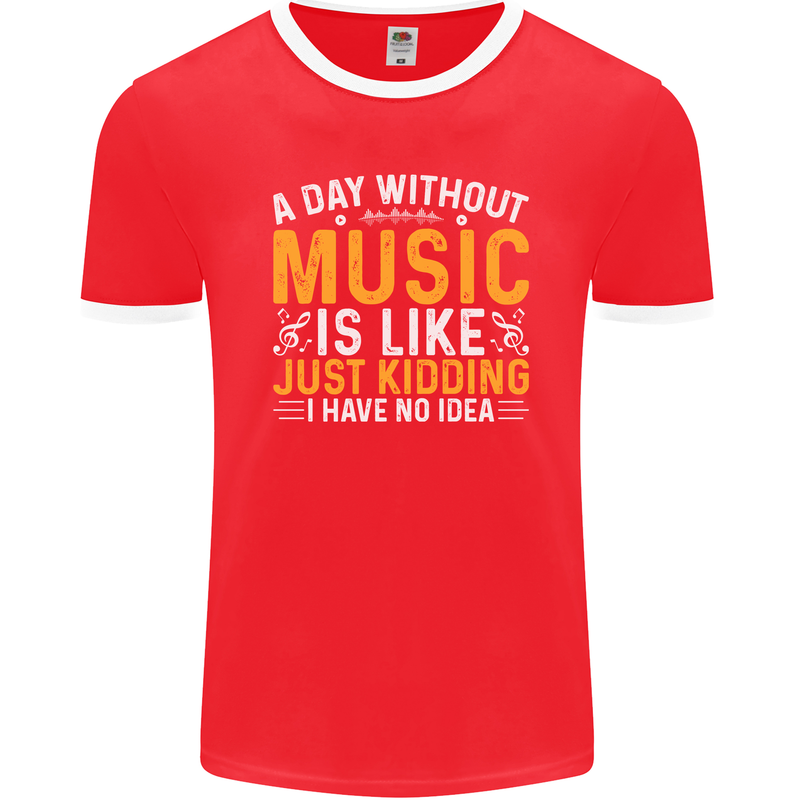 A Day Without Music Tekno Hip Hop Metal Mens Ringer T-Shirt FotL Red/White