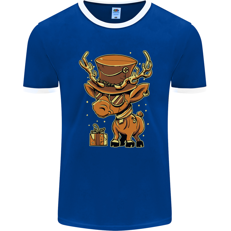 Steampunk Reindeer Funny Christmas Mens Ringer T-Shirt FotL Royal Blue/White