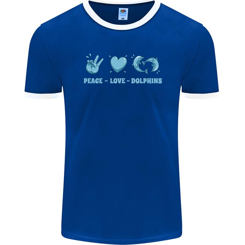 Peace Love Dolphins Sea life Mens Ringer T-Shirt FotL Royal Blue/White