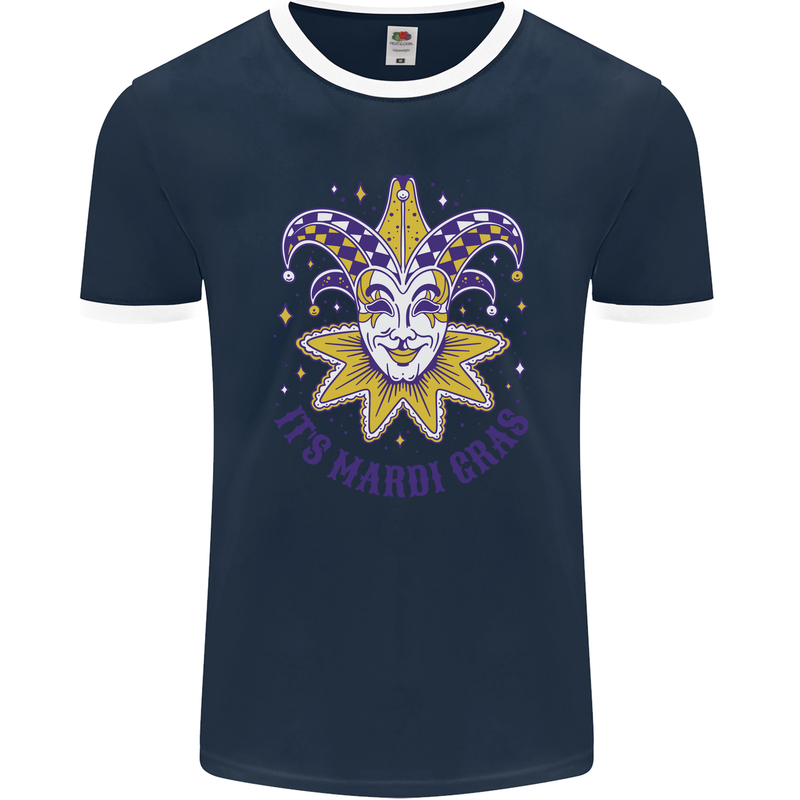 Its Mardi Gras Mens Ringer T-Shirt FotL Navy Blue/White