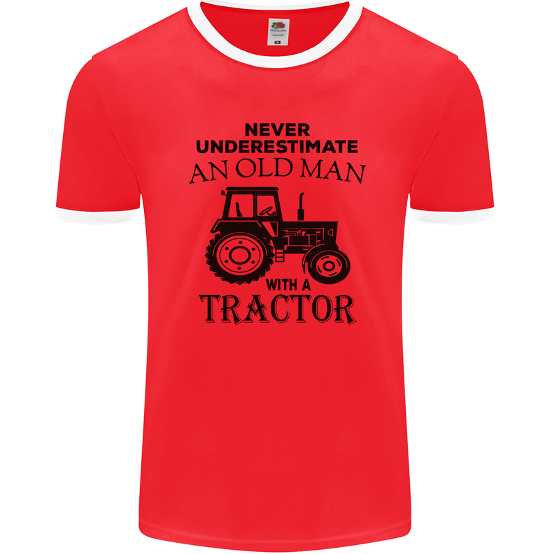 Old Man With a Tractor Driver Farmer Farm Mens Ringer T-Shirt FotL Red/White
