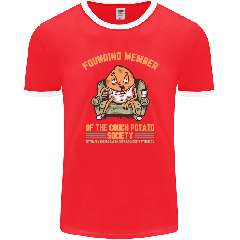 Funny Lazy Couch Potato Watchng TV & Movies Mens Ringer T-Shirt FotL Red/White