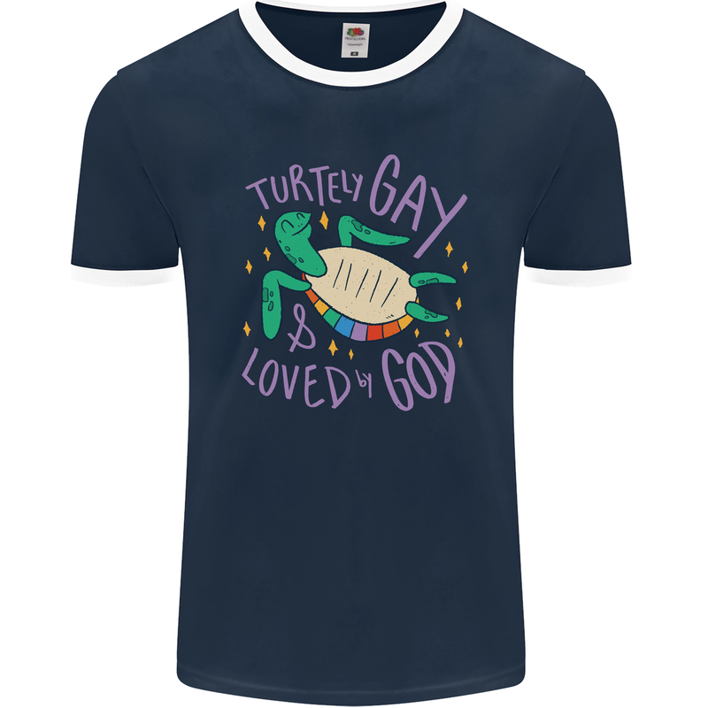 LGBT Turtle Loved By God Gay Pride Mens Ringer T-Shirt FotL Navy Blue/White