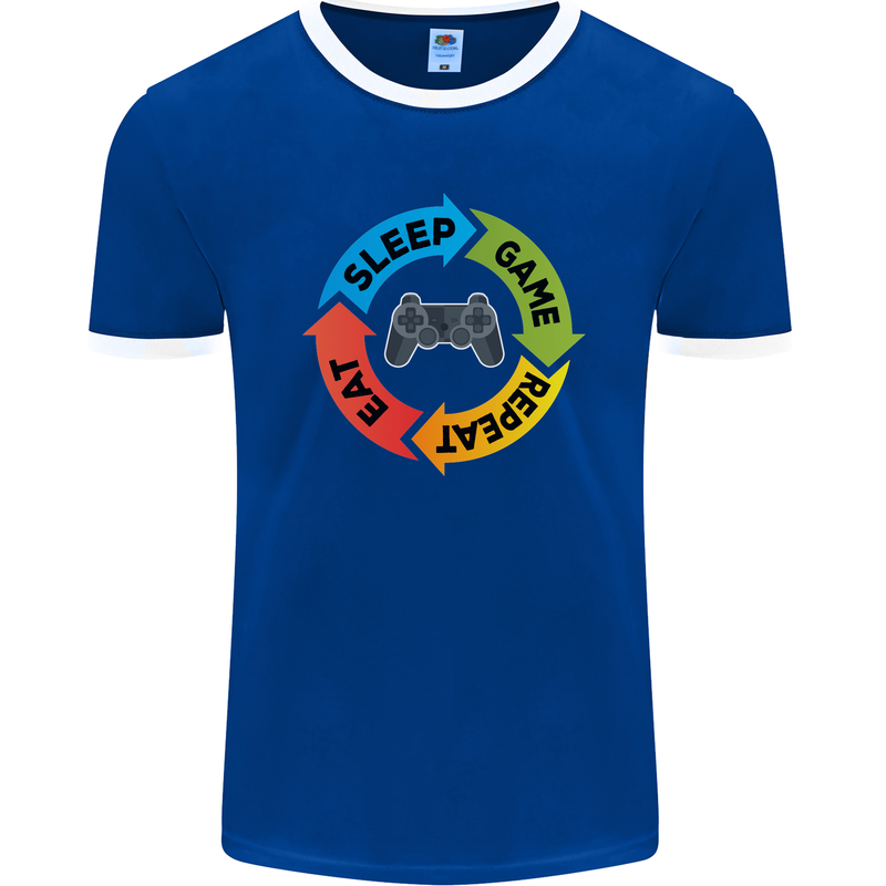 Gamming Eat Sleep Game Repeat Gamer Mens Ringer T-Shirt FotL Royal Blue/White