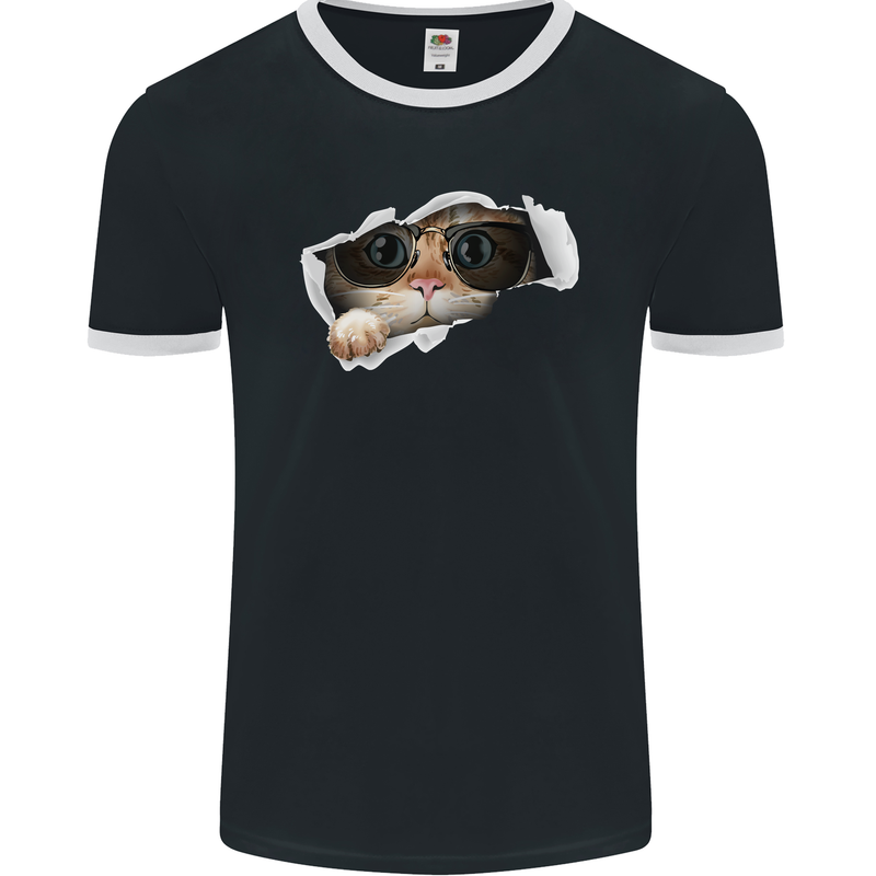 A Funny Cat Peeking From a Ripped Top Mens Ringer T-Shirt FotL Black/White