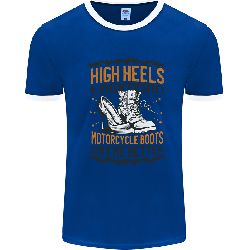 Female Biker Boots Funny Motorcycle Mens Ringer T-Shirt Royal Blue/White