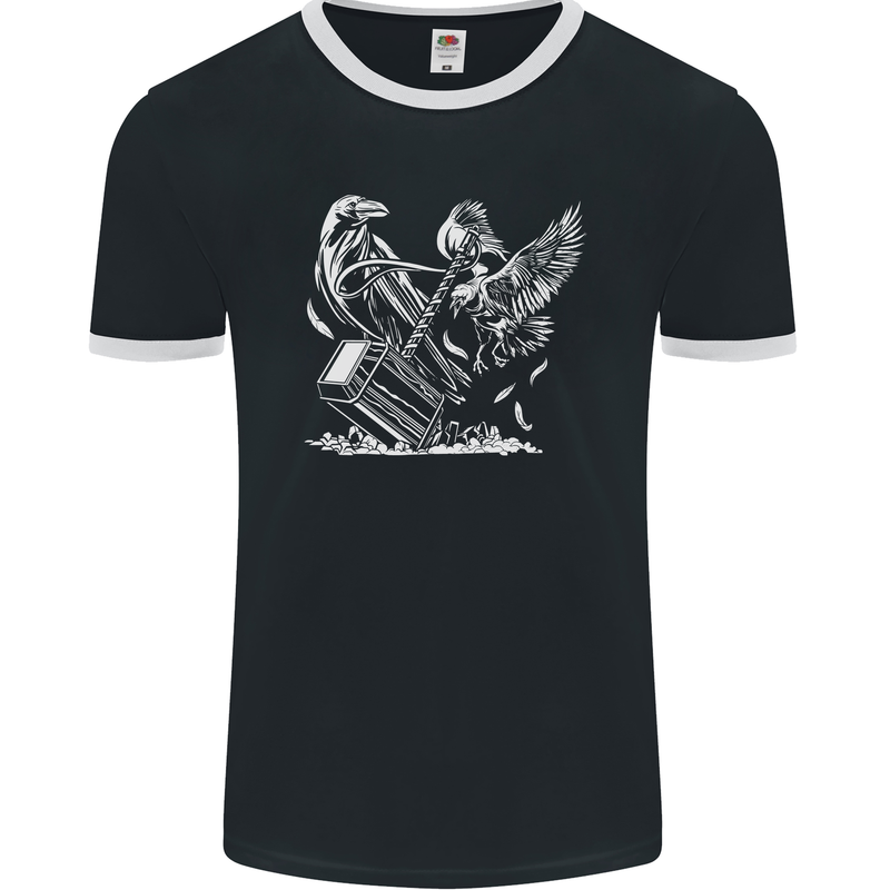 Viking Hammer and Raven Mens Ringer T-Shirt FotL Black/White