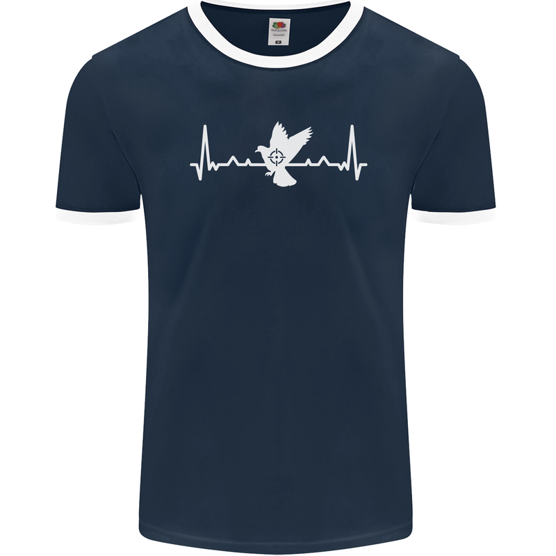 Pigeon Hunting Heart Beat Hunter ECG Mens Ringer T-Shirt FotL Navy Blue/White