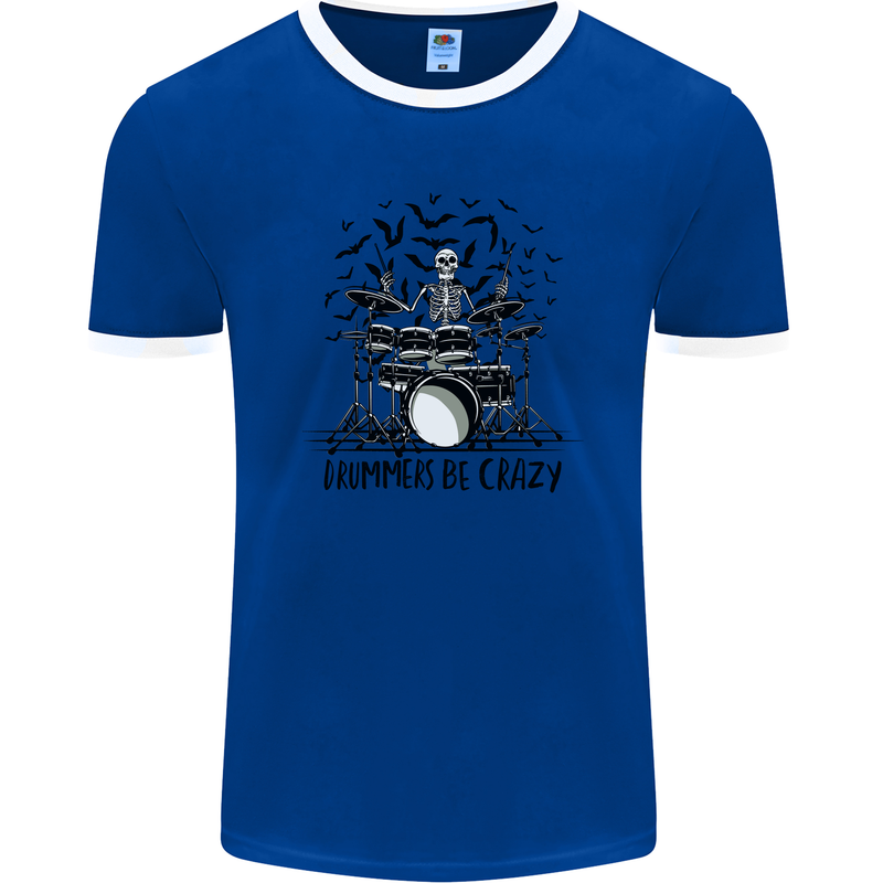 Skeleton Drummer Be Crazy Drumming Drum Mens Ringer T-Shirt FotL Royal Blue/White