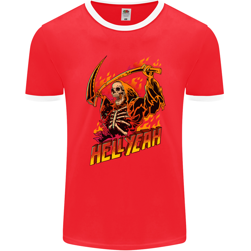 Hell Yeah Grim Reaper Skull Heavy Metal Mens Ringer T-Shirt FotL Red/White