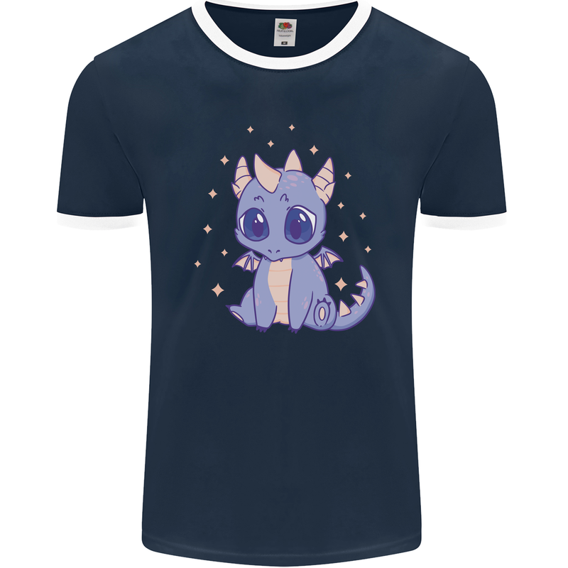 Cute Kawaii Baby Dragon Mens Ringer T-Shirt FotL Navy Blue/White