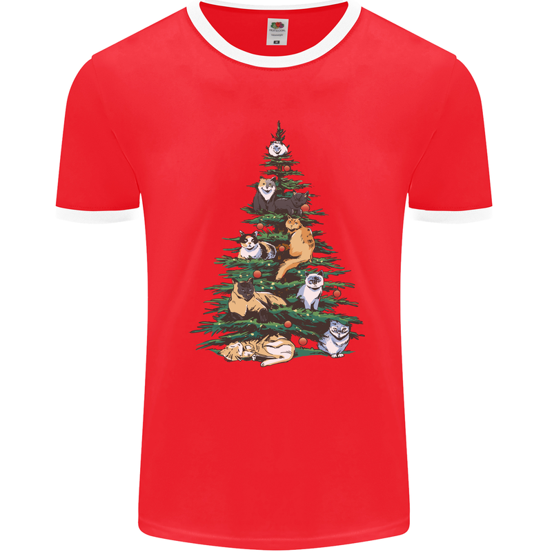 Cat Christmas Tree Mens Ringer T-Shirt FotL Red/White