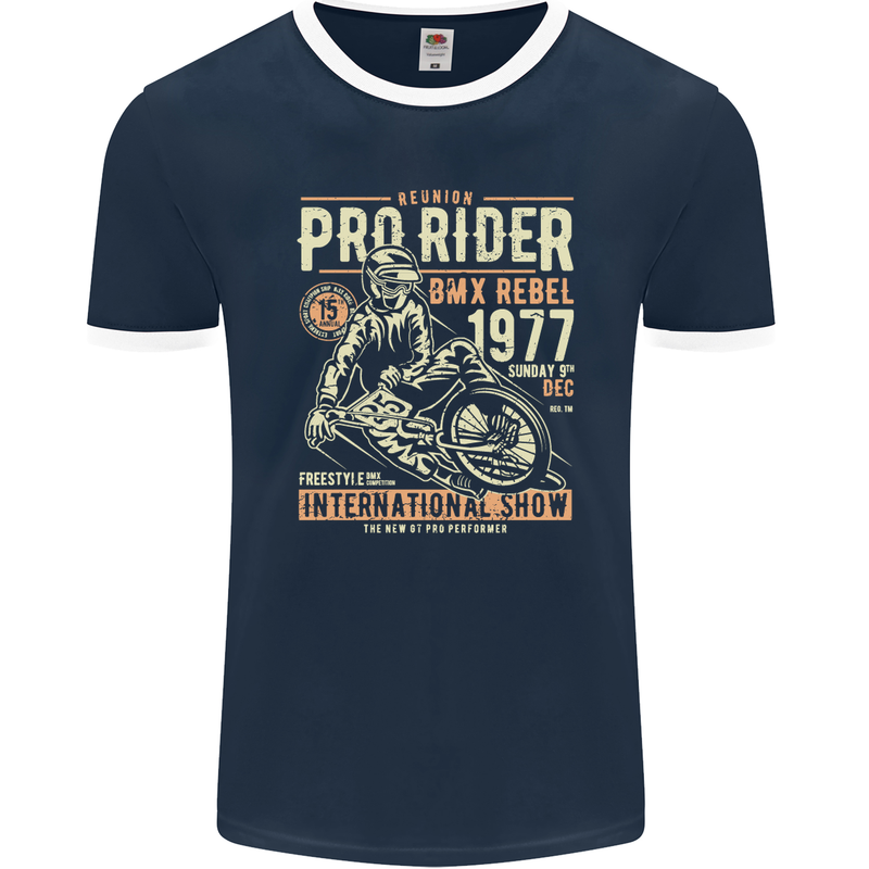 BMX Pro-Rider 1977 Cycling Bike Bicycle Mens Ringer T-Shirt FotL Navy Blue/White