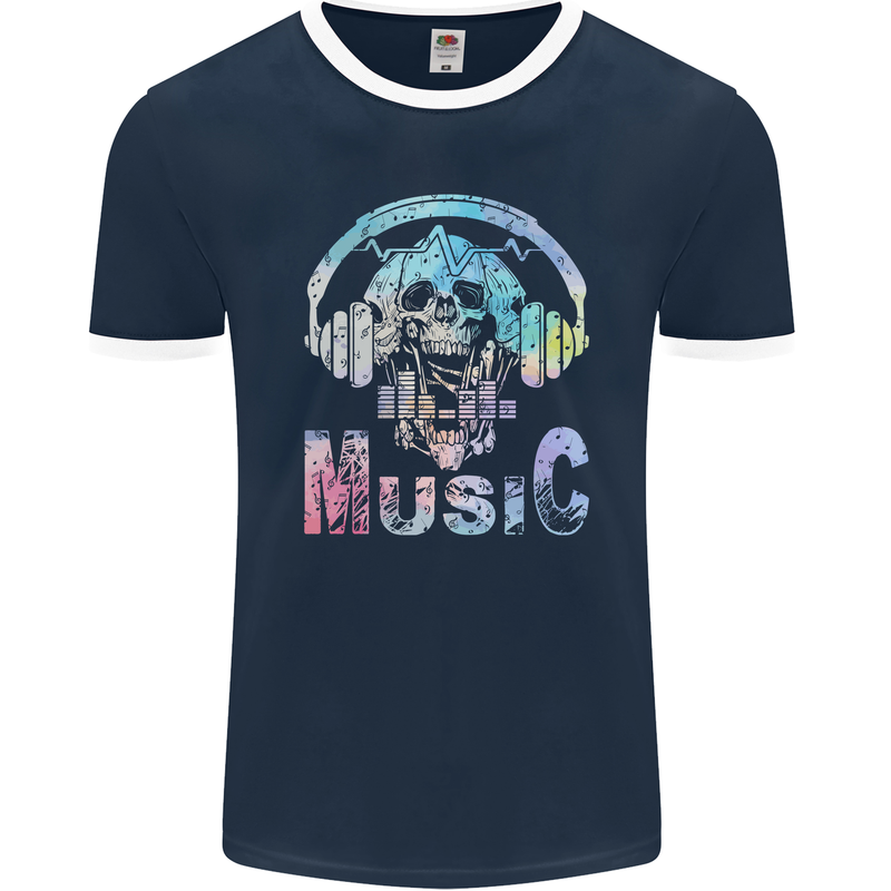 Music Skull With Headphones Dance Tekno Mens Ringer T-Shirt FotL Navy Blue/White