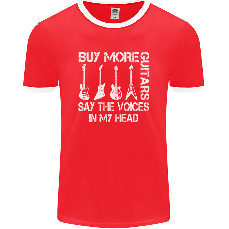 Buy More Guitars Say the Voices Funny Mens Ringer T-Shirt FotL Red/White