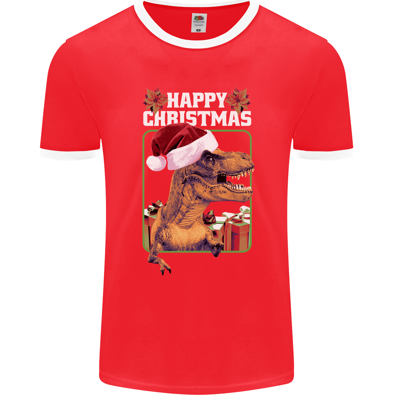 Christmas T-Rex Funny Dinosaur Mens Ringer T-Shirt FotL Red/White