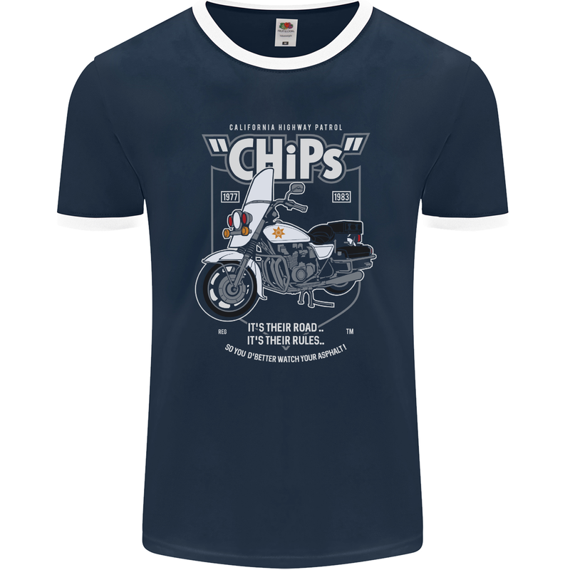 Chips Police Motorcycle Drama Motorbike Mens Ringer T-Shirt FotL Navy Blue/White