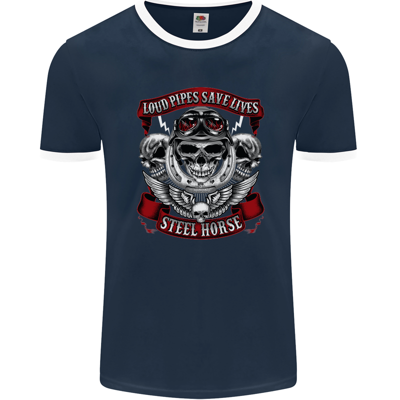 Motorcycle Lound Pipes Saves Lives Biker Mens Ringer T-Shirt FotL Navy Blue/White